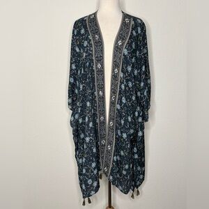 J Jill Kimono Cardigan Sz S-L Blue Embroidered Floral Boho Beaded Tassel Artsy